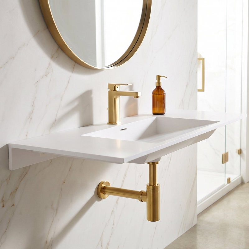 CastelloUSA Vanish 36" White Solid Surface Rectangular Wall Mount Bathroom Sink with Overflow
