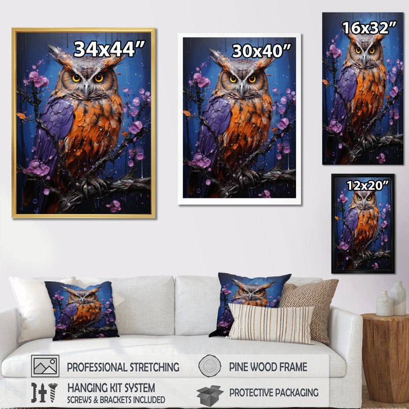 Purple Animal Amethyst Owl Drips - Animals Wall Art Prints, H 40 po x l 30 po x P 1,5 po, Encadrement doré