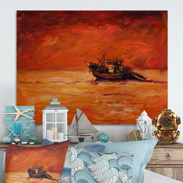 Fishing Boat During Evening Glow - Unframed Painting On Wood Breakwater Bay Size: 12 H x 20 W x 1 D