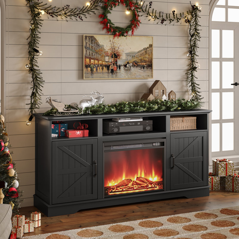 Modern Media TV cabinet with Electric Fireplace, Adjustable LED Lights & Storage Cabinet for TVs up to 65 Inches - App & Remote Controlled Entertainment Center for Living Room