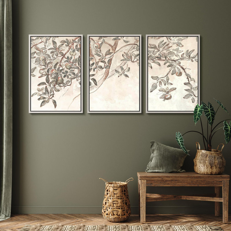 " Ethereal Cherry Blossoms Soft Floral Elegant Framed Illustration Modern Decor Relax Calm Chic " 3 - Pieces, Blanc
