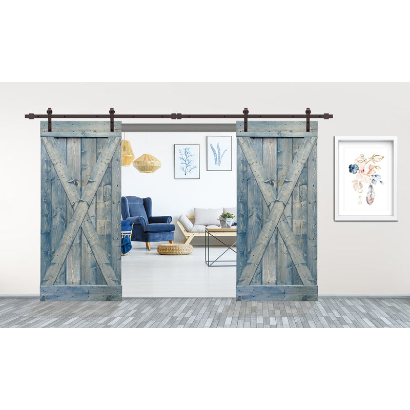 Porte de grange à panneaux et en métal avec trousse de quincaillerie d'installation, 36 po x 84 po, Bleu denim