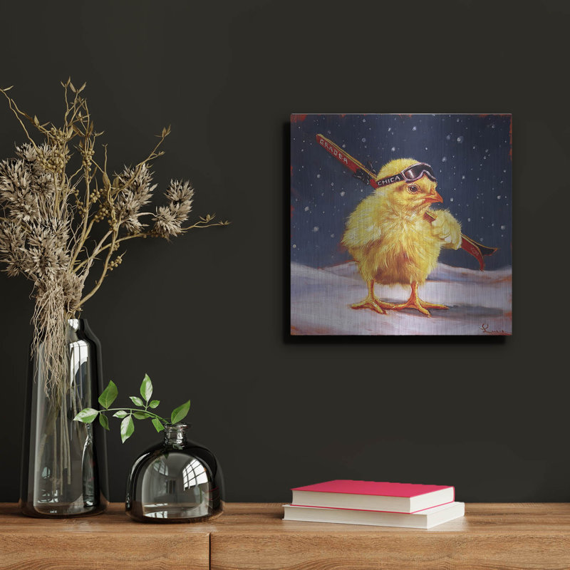 Art mural en métal luxueux «Chick with Sticks» par Lucia Heffernan, 12 po x 12 po, H 12 po x l 12 po