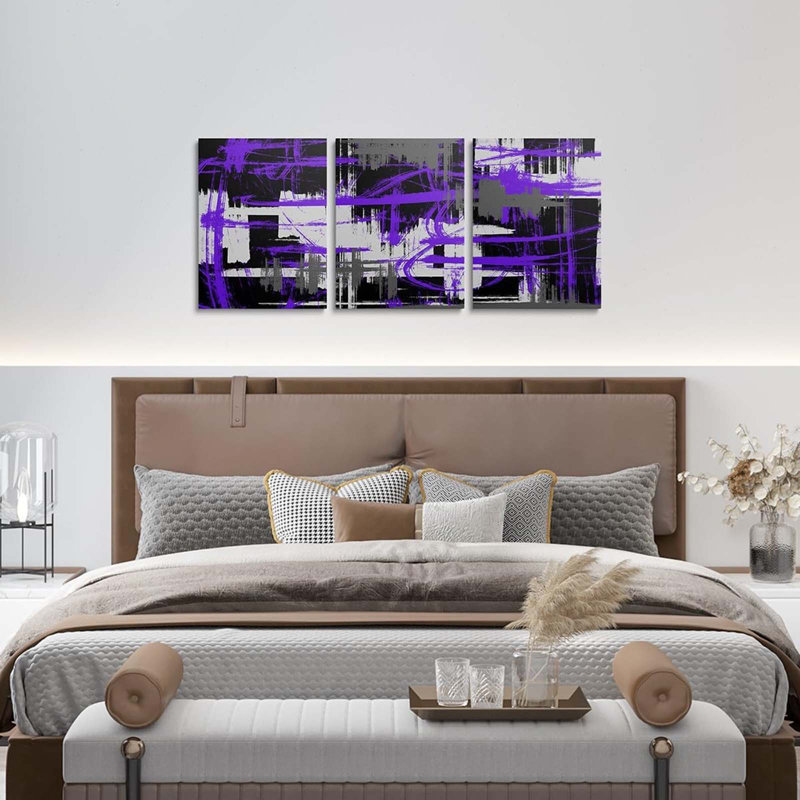3 Piece Wrapped Canvas Wall Art, Purple/Black
