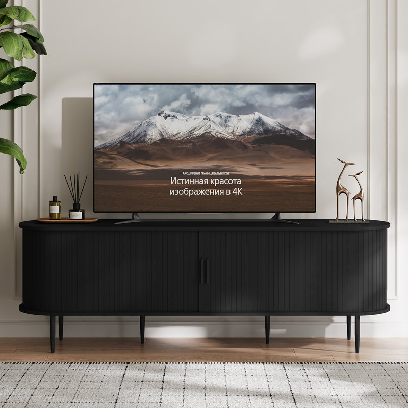 Meuble télé moderne avec porte coulissante, 63'', Noir, noir, noir, noir