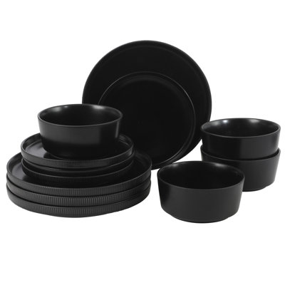 Gibson Home Dempsey Road 12-Piece Stoneware Dinnerware Set – Service for 4, Round Black Plates and Bowls, Durable Modern Embossed Dish Set