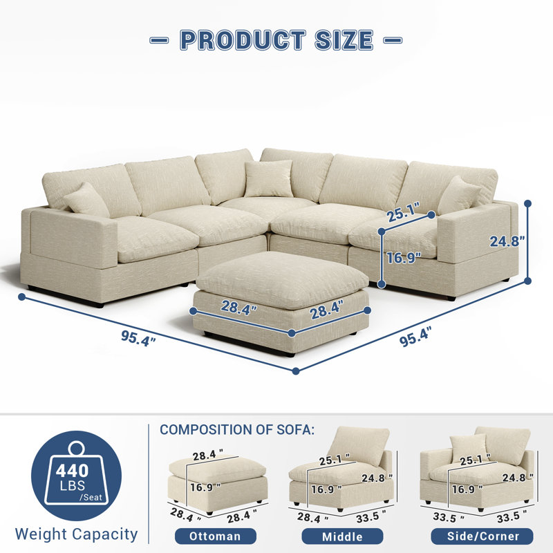 Cloud Couch Modular Sectional Sofa, Deep Seat Convertible Modular Couches For Living Room, Modern Comfy Down Filled Soft Cloud Sectional Sofa