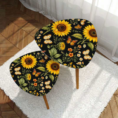 Triangle Nesting Coffee Table Set of 2 Watercolor sunflowers butterflies black Bright summer End Table Modern Minimalist Side Table Set for Living Room Bedroom