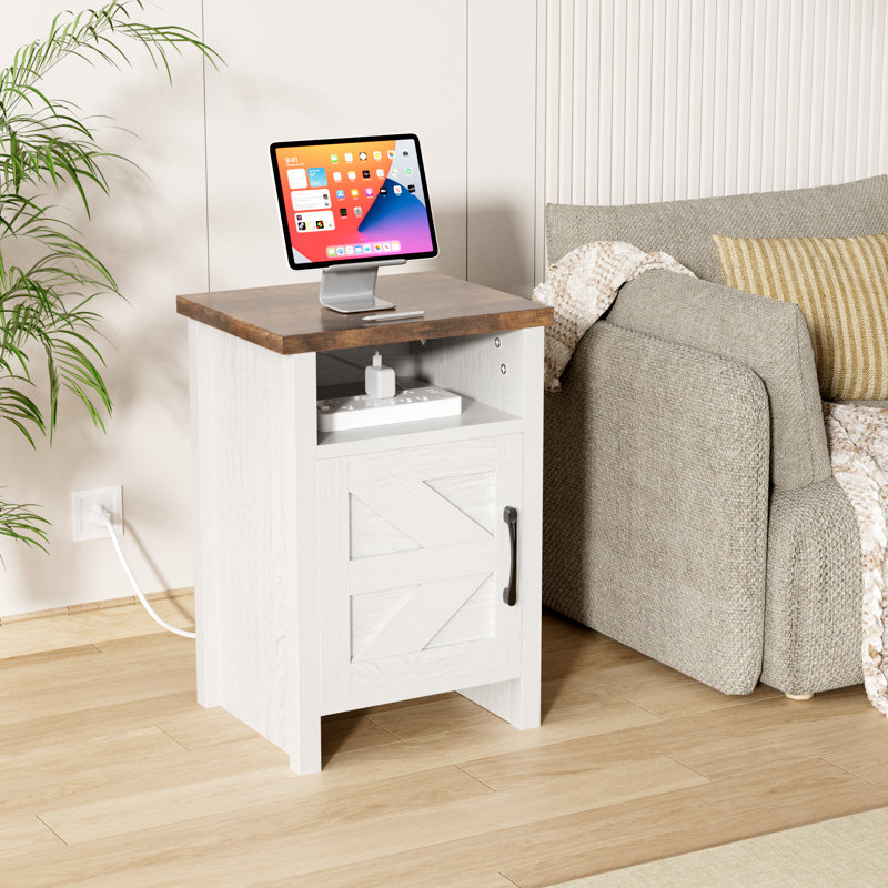 Table de chevet moderne avec tablette et porte de grange Farmhouse (ensemble de 2), Blanc, Individuel
