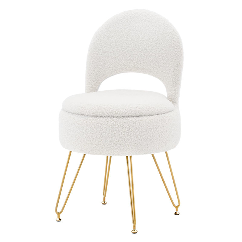 Upholstered Vanity Stool Chair with Storage and Folding Back, White