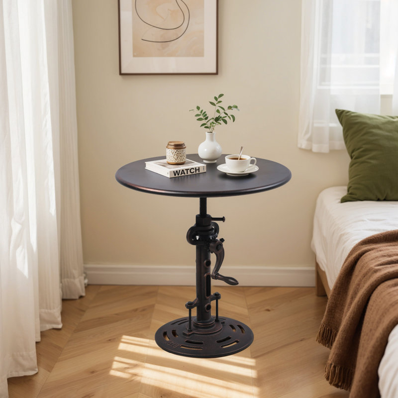 Vintage End Table With Handle Crank Industrial Bar Table Iron Top Dia19.7", Copper