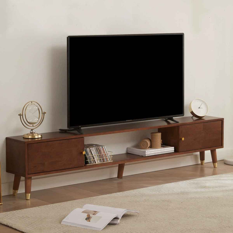 Meuble télé de style transitionnel en bois massif avec tiroirs symétriques, 15" H x 70.9" W x 9.4" D, Tan