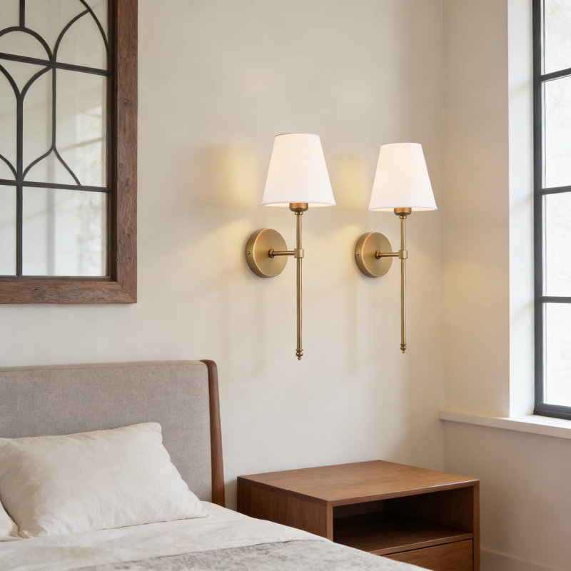 Hardwired Wall Sconces Set Of 2, Classic Brushed Brass Wall Lighting With Fabric Shade For Bathroom Vanity, Bedroom, Living Room, Hallway, And Kitchen