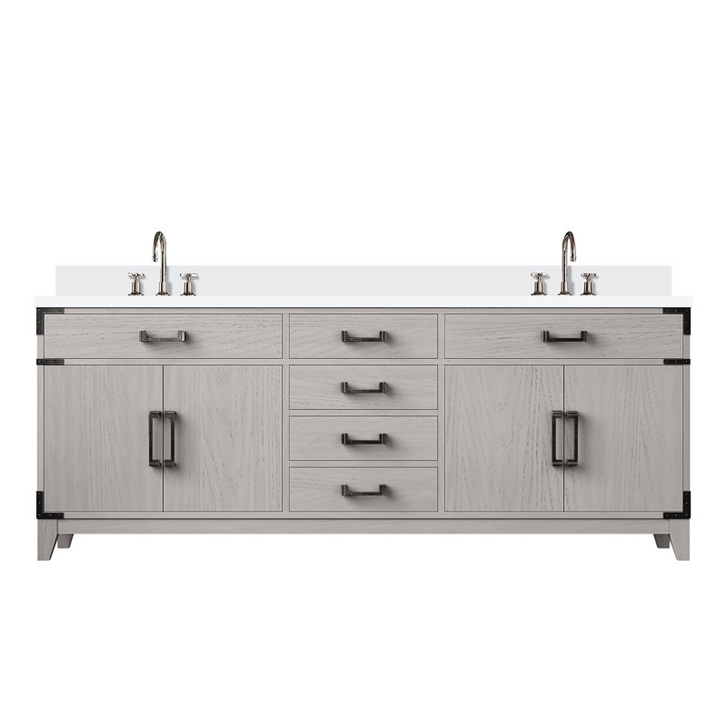 Meuble-lavabo double en chêne blanc 80 po X P 22 po D, plateau en marbre de culture et robinet