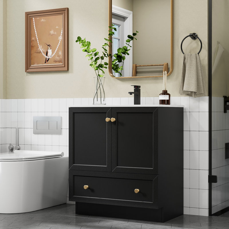 Romia 30'' Classic Bathroom Vanity with Sink Top, Bathroom Sink Faucet, Hand Paint, Gold Handles, Black