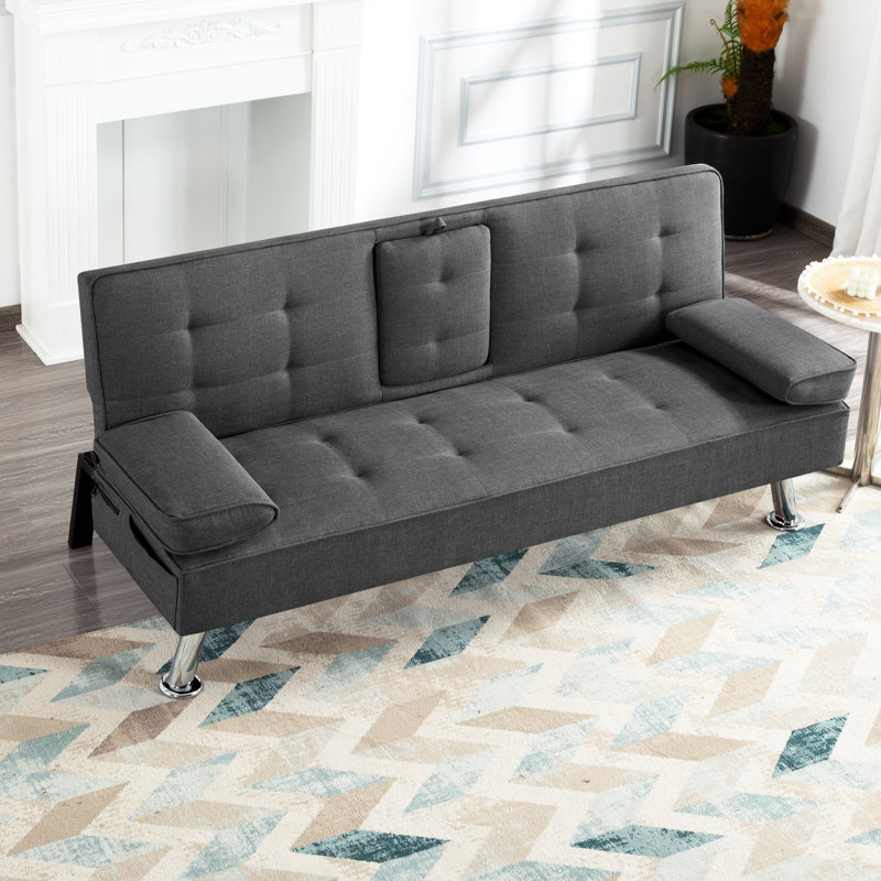 Ebern Designs 65.3” Futon Sleeper Sofa Bed,Removable Arm Pad, Dark Gray