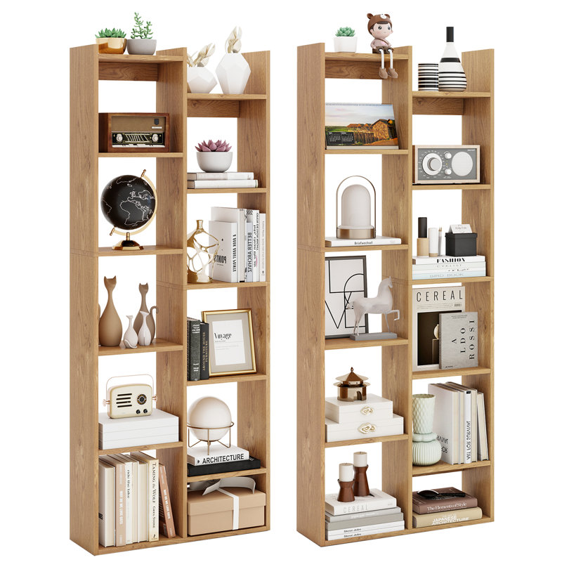 2PCS 11-Tier Bookcase w/ Anti-Tipping Kits Wood Display Shelf Tree-Shaped, Natural