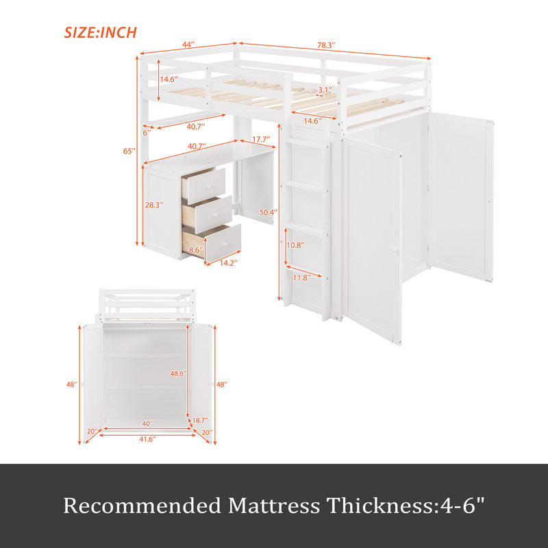 Lit mezzanine avec tiroirs, bureau et garde-robe, Lit simple, Blanc