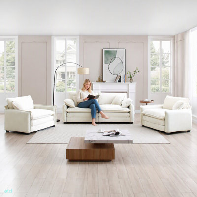 Luxurious and Sophisticated Sofa Set with Soft Cushions and Pillows, Sofa Set for Living Rooms and Clubs as well as Home Theaters, Consisting of Two Single Sofas and a 2-Seaters  Sofas in Beige Cordur