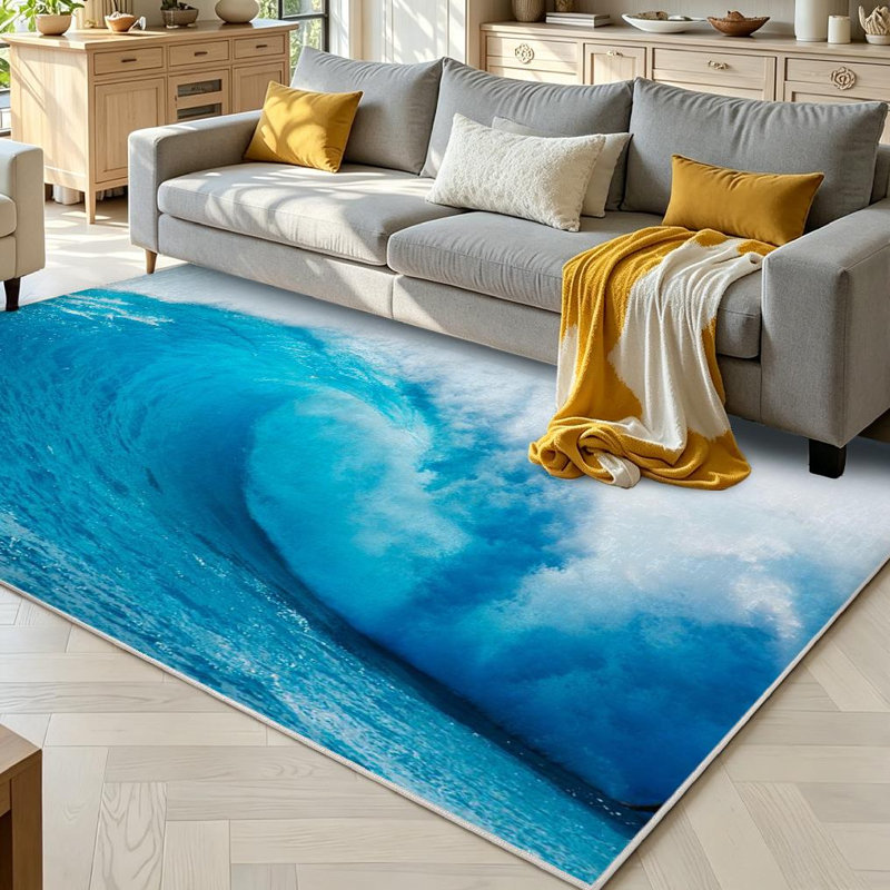 Magnifique tapis d'intérieur bleu lavable à la mer Ocean Wave, Rectangle 71" x 98"