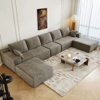 168.5" Modular Sectional Sofa, Oversized U-Shaped Minimalist Couches with 1 Middle Seat and 2 Ottomans Chaise, Modern Deep Seat Convertible Sleeper Sofa, Cloud Plush Corduroy Fabric,7 Seater