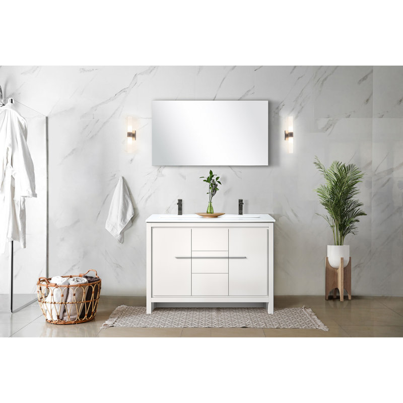 48" X 20.27" White Bath Vanity With Quartz Countertop, Metal Faucet And 43 In. Mirror - Scratch Stain Protected Surface 20" Top, Included Stain-