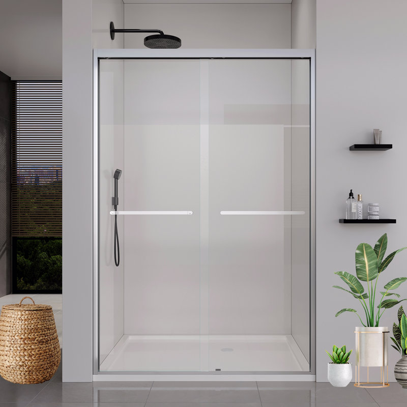 Frame Double Sliding Soft-Close Shower Doors, Bathroom Sliding Shower Door,  (6Mm) Thick Tempered Glass Door, Brushed Nickel