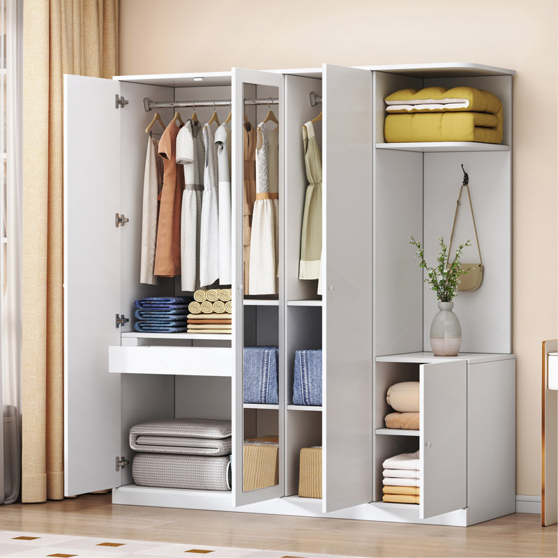 Armoire 4 portes avec tablettes, tiroirs et miroir pleine grandeur , Blanc