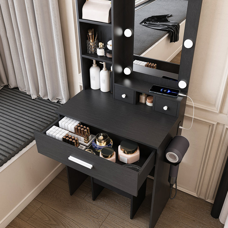 Table de coiffeuse avec miroir et lumières DEL réglables, prise de courant, support pour séchoir à cheveux et tabouret - coiffeuse compacte pour petites chambres à coucher (noir)