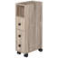 Armoire de salle de bain autoportante compacte avec 2 armoires ouvertes, 1 armoire à portes, 1 tiroir et 4 roulettes, couleur grain de chêne