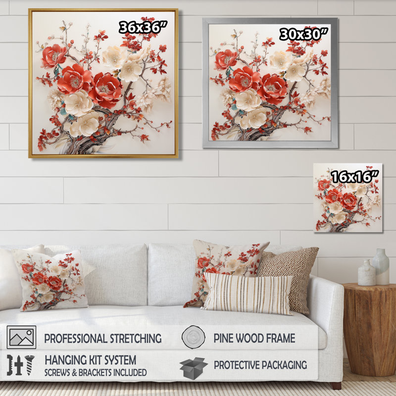 Anémone blanche et rouge, style chinois rétro - art mural floral, Toile avec cadre flottant noir, H 30 po x l 30 po x P 1 po