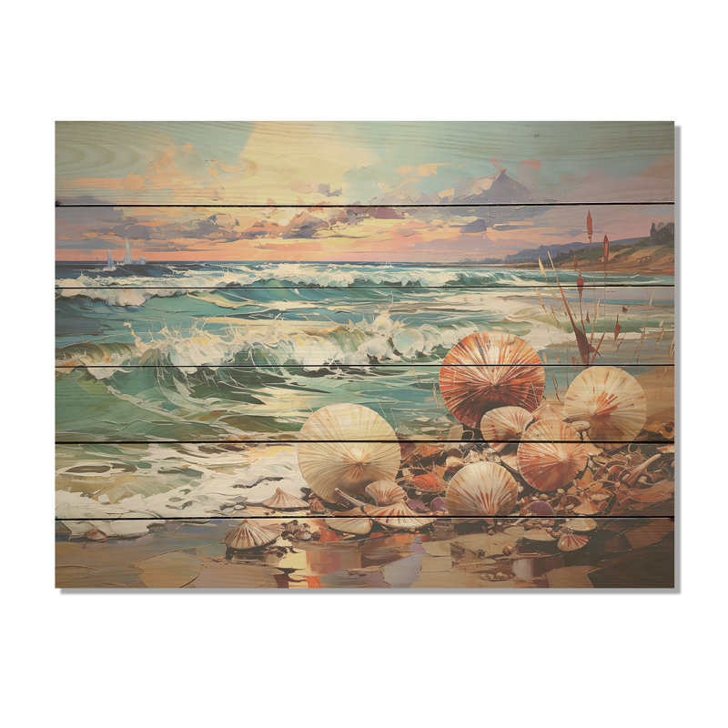 Coastal Clams Fusion On The Beach - Coastal Beach Wood Wall Art On Natural Pine Wood, 30" H x 40" W