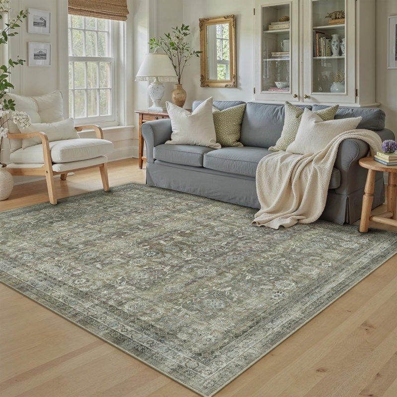 Tapis Amber Vintage à motif intégral lavable avec envers antidérapant, Rectangle 5 pi x 7 pi