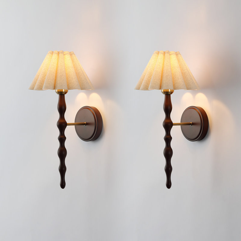 Vintage Wall Sconce with Linen Shade, Faux Wood Metal Arm