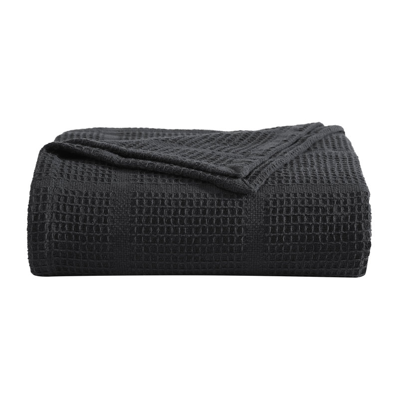 Kenneth Cole Waffle Grid Solid Cotton Blanket, King, Black