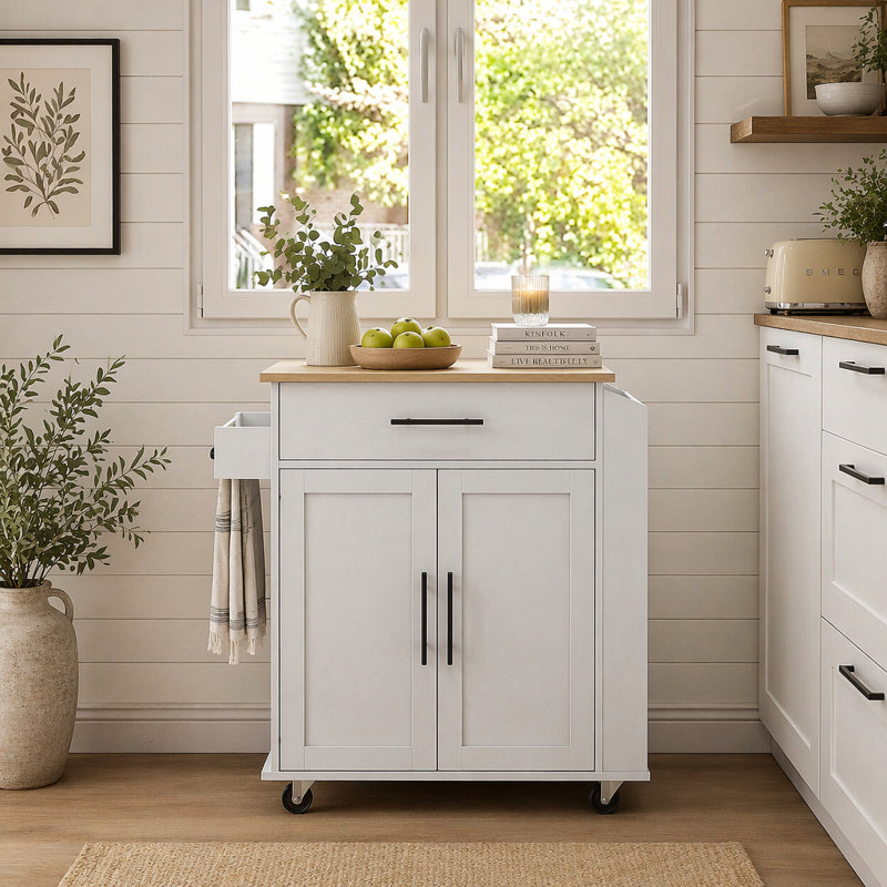 Sicilee Kitchen Cart with Manufactured Wood Top, White