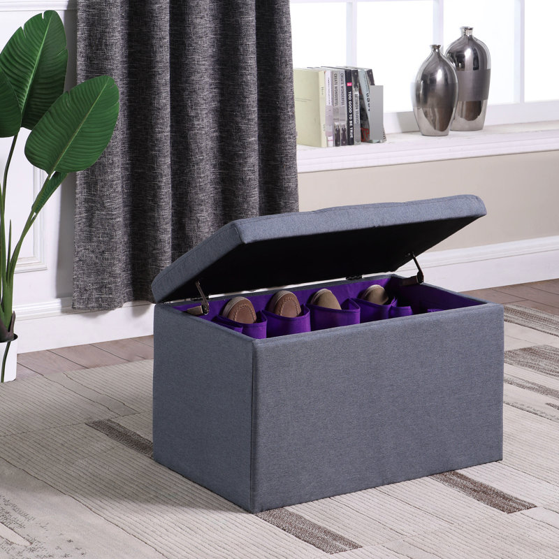 18.5" Tall Shoe Storage Bench, Gray - Fits 8 Pairs, 16 Purple Compartments, 29" L X 17" W H, Foam, 4 Dotted Feet, Single Hinged Top High Bench In Fashion Accommodates Slots, Seat