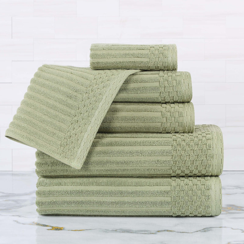 Ruvins Cotton Highly Absorbent 6-Piece Solid and Checkered Border Towel Set, Sage Green