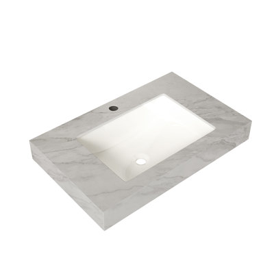 Vasque en céramique à poser et à encastrer de 76 cm (30 po) en pierre frittée veinée gris Carrara avec 1 trou de robinet standard pré-percé, SANS meuble, SANS robinet ni couvercle de lavabo, Convient pour LULA, EIDEN, FINO, MURI, etc.