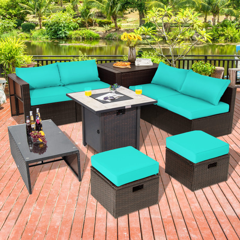 Ensemble de mobilier d'extérieur pour terrasse avec foyer au propane 30 po Jalyza, Turquoise