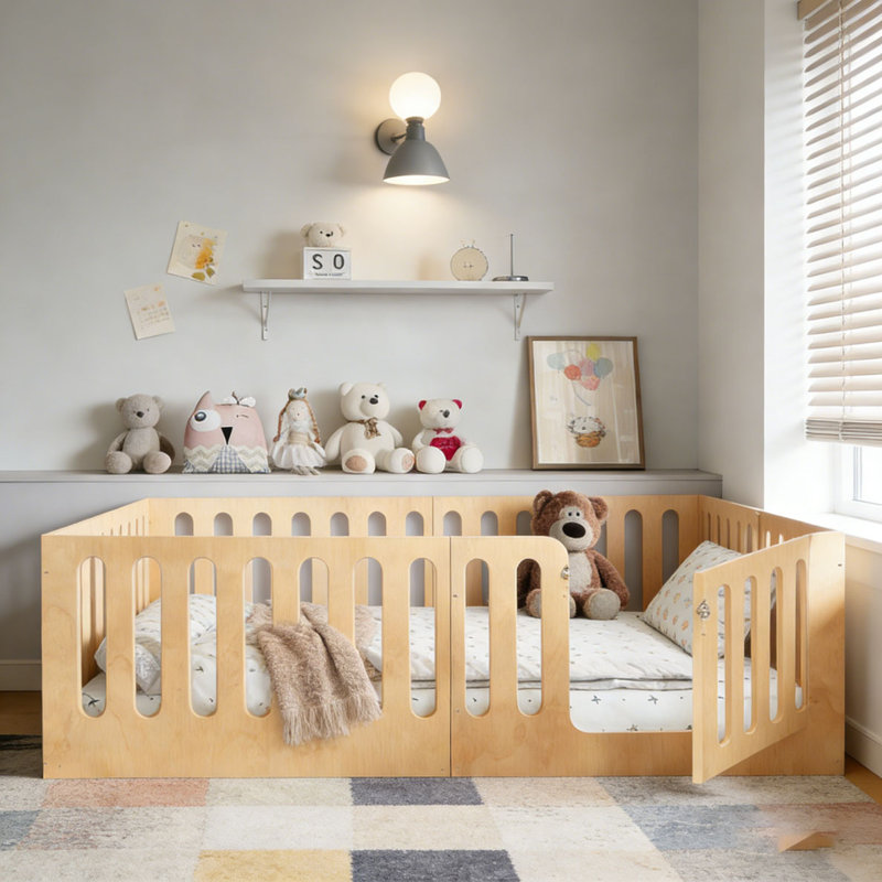 Lit sur pied avec clôture haute avec porte, profil bas et conception sans sommier, Grand lit, Naturel