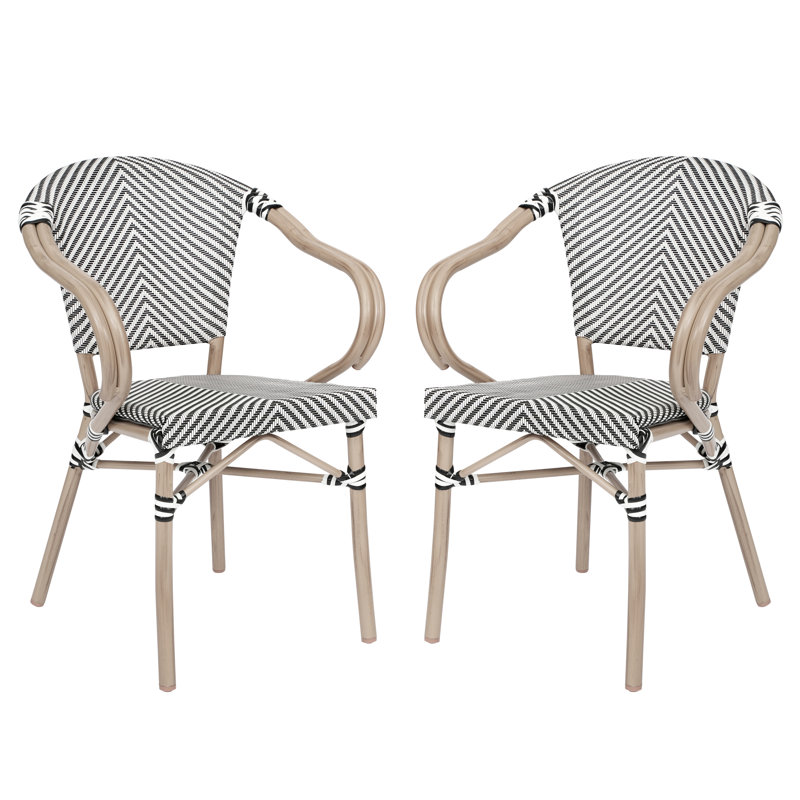 Chiles All-Weather Commercial Paris Chairs with Arms and Metal Frame, Black/White