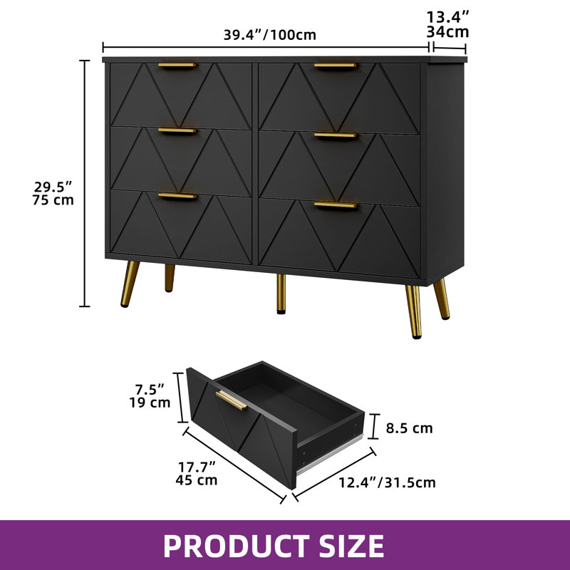 100cm W 6 - Drawer Chest of Drawers，Modern Tallboy Chest, Black