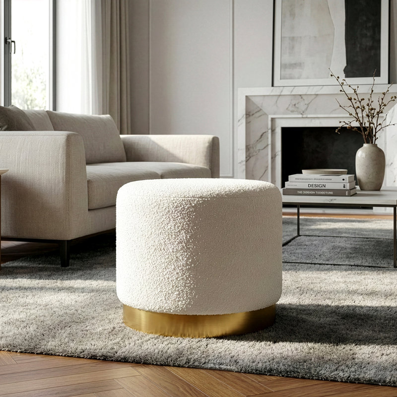 Georgine White Boucle Fabric Round Footstool Ottoman with Golden Accent Base Large Size