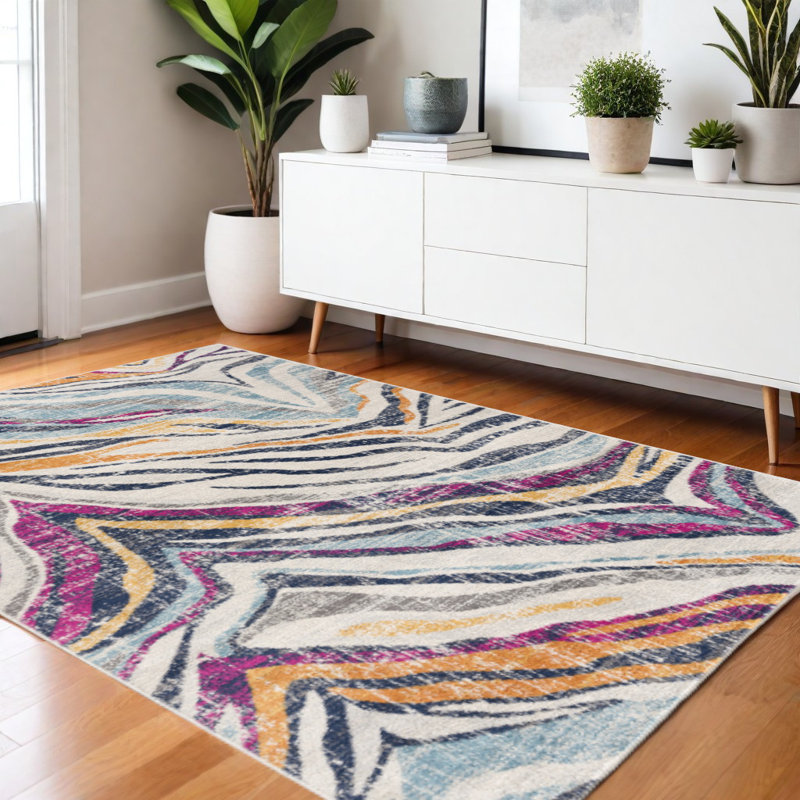 Raen Ivory Blue and Gold Abstract Area Rug, Rectangle 4' x 6'