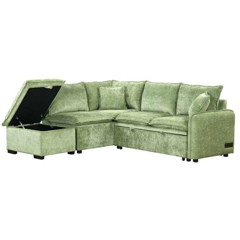 Canapé-lit en L avec repose-pieds de rangement et deux ports de charge, Chenille verte