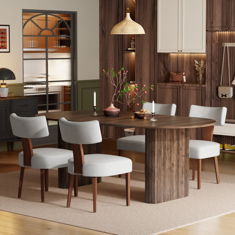 Ensemble de table à manger pour 6 personnes avec table ovale et 6 chaises rembourrées en lin, Brun, Gris