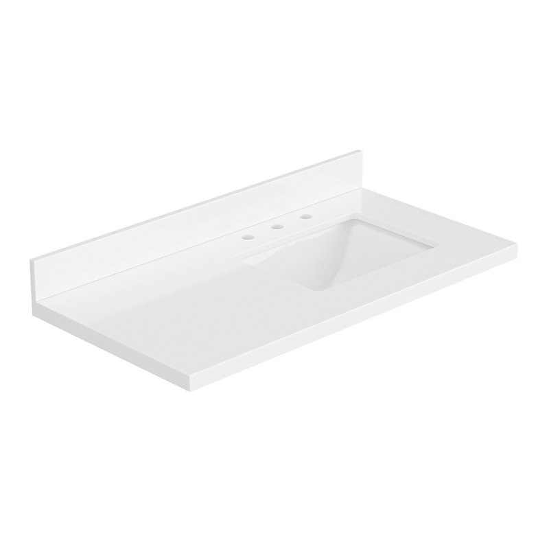 Comptoir de meuble-lavabo à quartz blanc pur 43 po Ariel avec rebord à onglet de 1,5 po d'épaisseur avec lavabo simple rectangulaire à droite et dosseret inclus