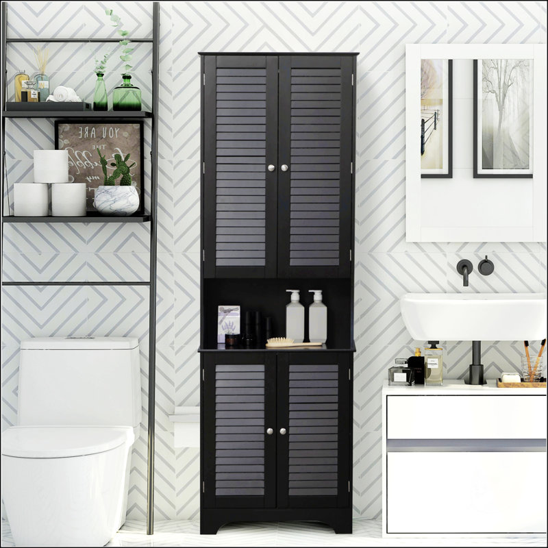 HOMCOM Tall Narrow Bathroom Storage Cabinet With Adjustable Shelves And Doors, Freestanding Linen Cabinet For Small Spaces, Black