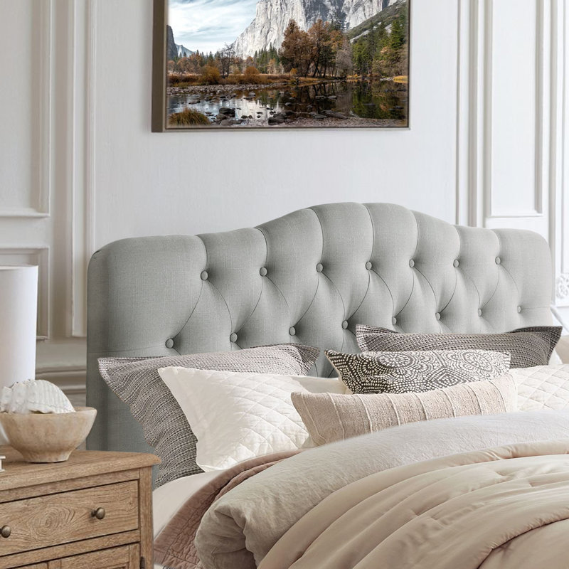 Adjustable Height Headboard with Linen Upholstery and Button Tufting for Bedroom, Gray, Full